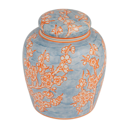 Small Decorative Ceramic Ginger Jar with Lid, Blue and White Floral Pattern