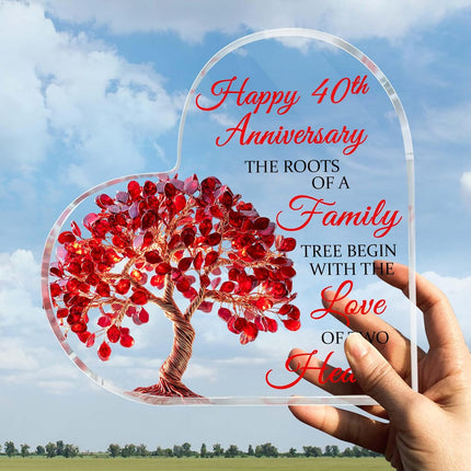 40th Wedding Anniversary Heart Acrylic Plaque, 40th Ruby Wedding Cake Topper Decorations, 40 Years Of Married Gifts For Parents, Tree of Life Anniversary Wedding Gifts for Couples