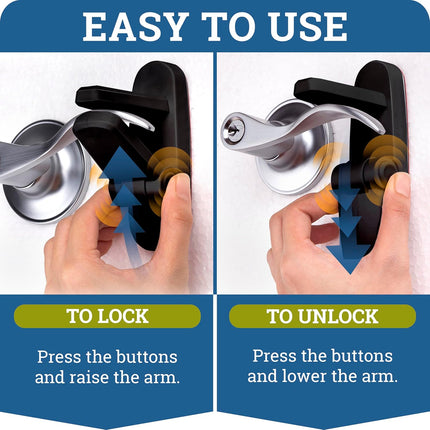 Door Lever Lock (2 Pack) Prevents Toddlers from Opening Doors. 3.25" L * 1.5" W * 4.5" H Easy One Hand Operation for Adults. Durable ABS with 3M Adhesive Backing. Simple Install, Black