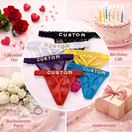 Personalized Thong for Women with Name – Custom Rhinestone Letter Lace Underwear, Long-Lasting Adhesion & Odor-Free Ready to Wear, Sexy Gift for Girlfriend Wife Valentine's Day Birthday Anniversary