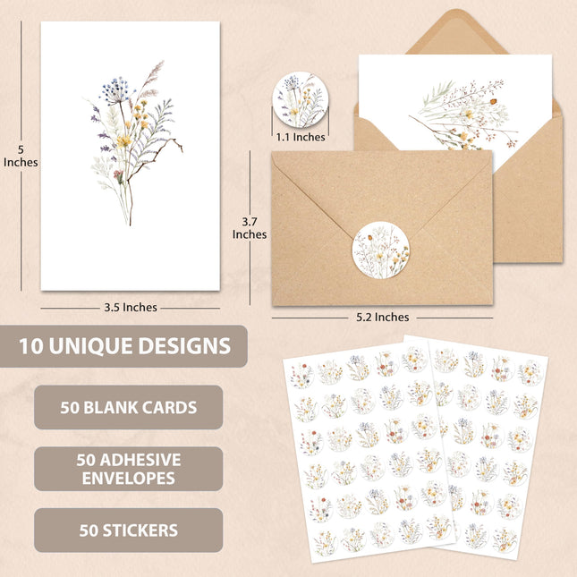Blank Cards with Envelopes and Stickers, Wildflower 50 Pack 3.5x5 - photo 2