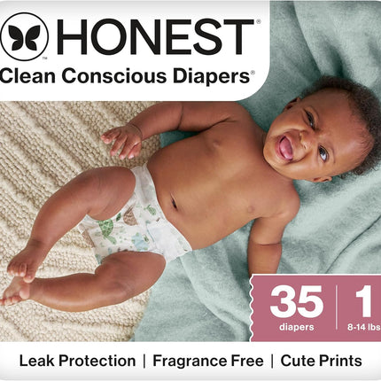 The Honest Company Clean Conscious Diapers for Sensitive Skin, Up to 100% Leakproof, Hypoallergenic, Fragrance Free, Turtle Time, Polybag, Size 1 (8-14 lbs), 35 Count