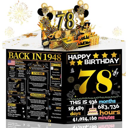 Joycard 78th Birthday Card for Women Men, 3D Pop Up Happy Birthday Gift for Grandpa Grandma, Funny 78 Year Old Birthday Decorations for Mother Dad, Back in 1948 Laser Gold Retro Theme