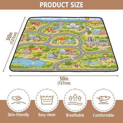 Cartoon City Map Road Baby Play Mat for Floor 50" X 50" Foldable Waterproof Non-Slip Playmat for Baby Playpen Quilted Crawling Mats Game Rug