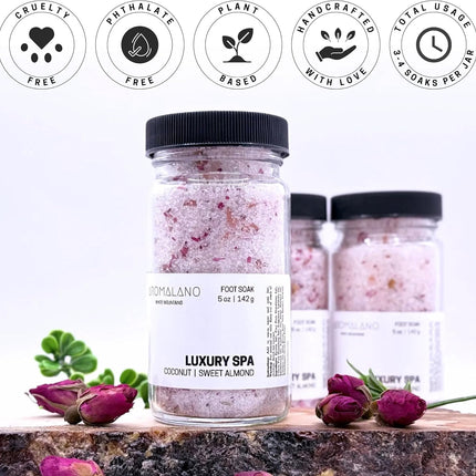 Luxury Spa Foot Soak, Coconut and Sweet Almond, Epsom and Pink Himalayan Salts with Shea Butter, Aloe, and Dried Rose Petals, 5 oz Jar