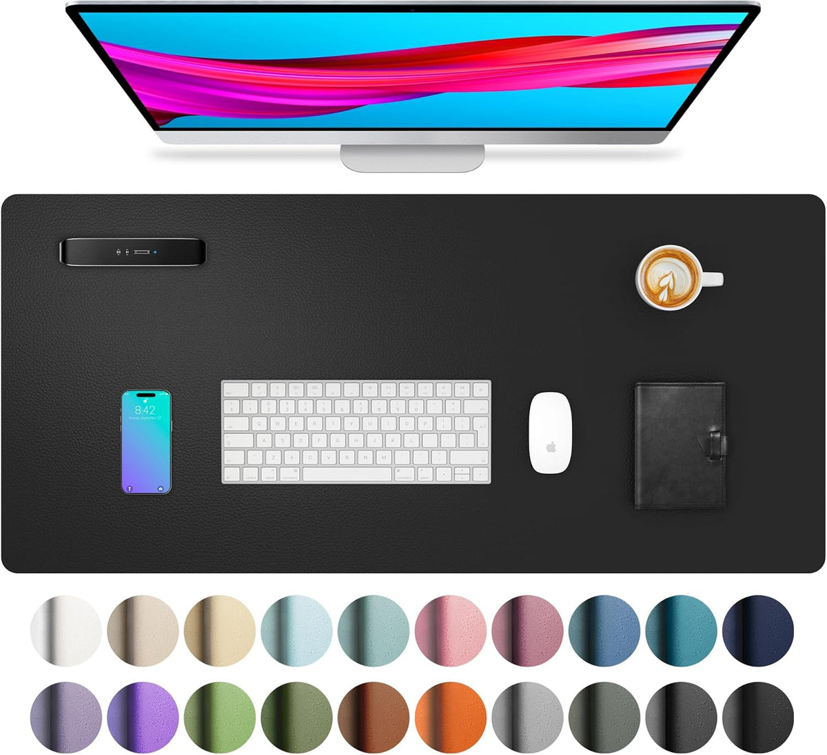 Black PU Leather Desk Pad Protector, 23.6 x 13.7 in