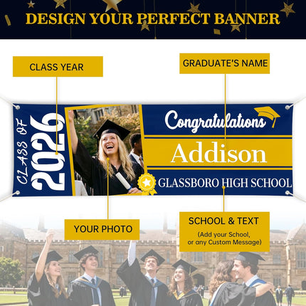 Personalized Graduation Banner with Photo, Custom Class of 2026 Graduation Decorations, Weatherproof Vinyl Congrats Grad Sign for Backyard Party, High School & College Outdoor Backdrop.