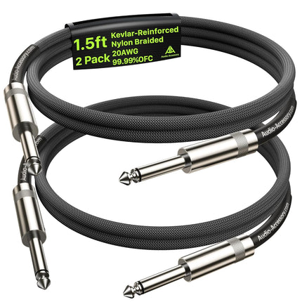 Guitar Cable 1.5ft 2 Pack, Nylon Braided Anti-Kinking Kevlar-Reinforced, 20AWG 99.99% OFC, Heat-Shrink Protected 1/4 Instrument Cable, Shielded Amp Cord for Fender Electric Guitar
