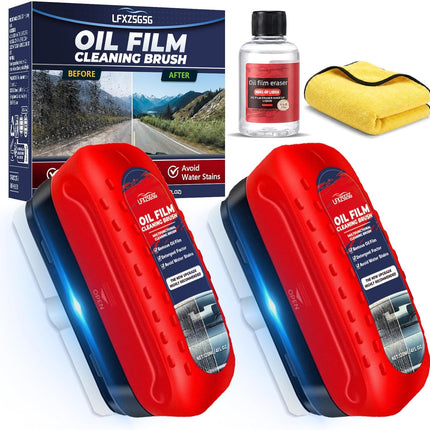 Oil Film Cleaning Brush for Car Windows, 2026 Upgraded Clear Vision Windshield Cleaner with Anti-Rain Coating, Improving Clarity & Safer Driving, Kit with Supplements & Towel, 2 pcs(Red)