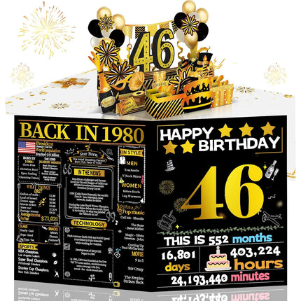 Joycard 46th Birthday Card for Women Men, 3D Pop Up Happy Birthday Gift for Mother Dad, Funny 46 Year Old Birthday Decorations for Wife Husband, Back in 1980 Laser Gold Retro Theme