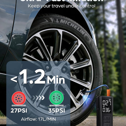 Tire Inflator Portable Air Compressor - 5200mAh 150PSI Quickly Inflate Portable Air Pump for Car Tires/Bike/Basketball with LED Large Dual Screen, Pressure Gauge & Auto Shut-Off