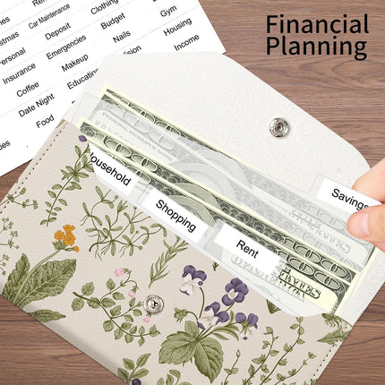 PU Leather Cash Envelopes Wallet, Reusable Money Savin Wallet, Cute Budget Envelope with 4 Dividers & 1 Sheets Budget Labels Vintage Wildflowers