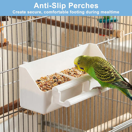 Grevosea Bird Feeder for Cage, 2 Pack No Mess Bird Feeders Plastic Hanging Parakeet Feeder with Hooks for Small Parrots Budgerigar Cockatiel Canary Parakeet Cage Accessories (White)