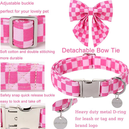 Dog Collar with Bow Tie,UP URARA PUP Pink Plaid Bowtie Dog Collar, Summer Bowtie Collar for Puppy Boy Girl Dog, Comfortable Cotton Dog Collar with Metal Buckle,S,Neck 10-16in, PinkPlaid CS