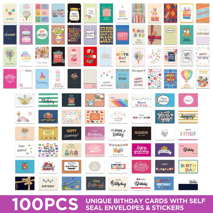 100 Unique Birthday Cards with Envelopes - Assorted Happy Birthday Cards, 4 x 6 inches, Envelopes & Stickers in Bulk Boxed Set