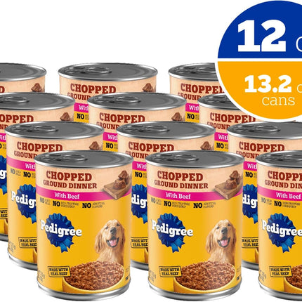 Pedigree Chopped Ground Dinner Adult Soft Wet Dog Food with Beef, Canned Dog Food, 13.2 oz. Cans, 12 Count