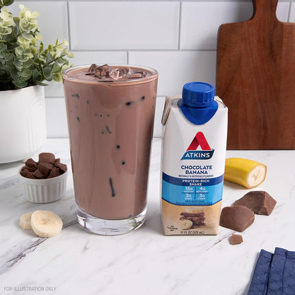 Atkins Chocolate Banana Protein Shake, 15g Protein, 5g Net Carbs, 1g Sugar, Low Carb, High Protein Shake, Banana Breakfast Protein Shake, 4 Pack (11 fl. oz Each)