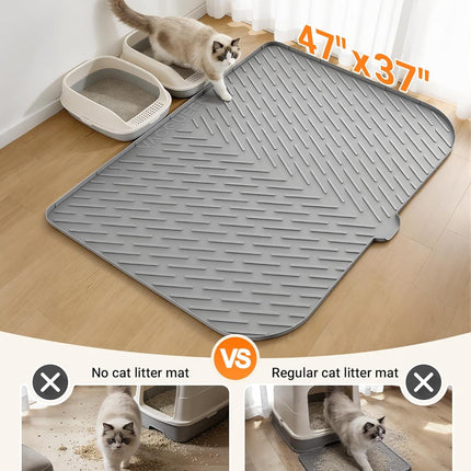 Cat Litter Box Mat, 47" x 37" Extra Large Cat Litter Mat, Silicone Waterproof Litter Trapping Mat for Scatter Control Soft on Kitty Paws Non-Slip Easy to Clean（Grey)