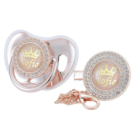 Personalized Any Name Bling Gold Silver Pacifier and Clip Set 18 Colors BPA Free Safe Unique Design Luxurious Dummy Ideal Gift for Baby Show New Born