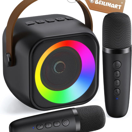 Mini Karaoke Machine, Portable Bluetooth Karaoke Speaker with 2 Wireless Microphones and Party Lights for Kids and Adults, Birthday Gifts for Girls Boys Family Home Party