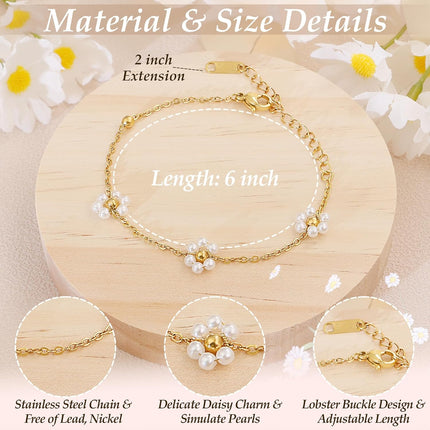 DAYANEY Pearl Bracelets for Women, Gold Bracelet Silver Pearl Jewelry as Gifts for Girls, Dainty Daisy and Heart Braclets Cute Floral Prom Jewelry for Bridesmaid Brazaletes Para Mujer