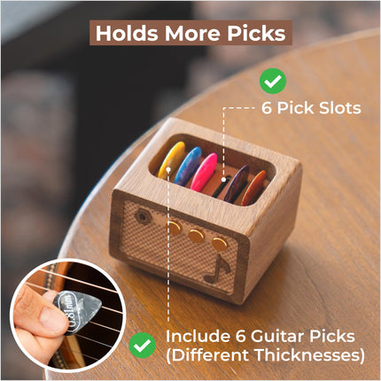 Soporte para púas de guitarra con 6 púas, estuche de nogal estilo amplificador vintage, para guitarristas y músicos
