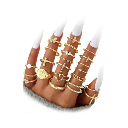 Gold Stackable Rings Set for Women, Gold Plated Chunky Crystal Finger Rings