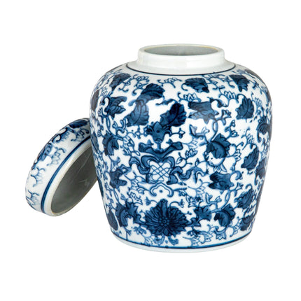 Small Decorative Ceramic Ginger Jar with Lid, Blue and White Floral Pattern