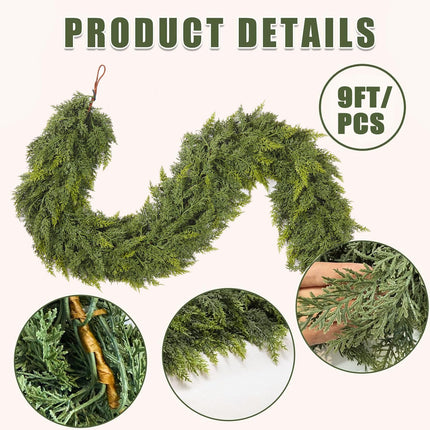 9Ft Christmas Garland,Real Touch Cedar Garland,Realistic Faux Pine Garlands