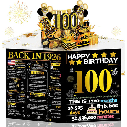 Joycard 100th Birthday Card for Women Men, 3D Pop Up Happy Birthday Gift for Grandpa Grandma, Funny 100 Year Old Birthday Decorations for Mother Dad, Back in 1926 Laser Gold Retro Theme