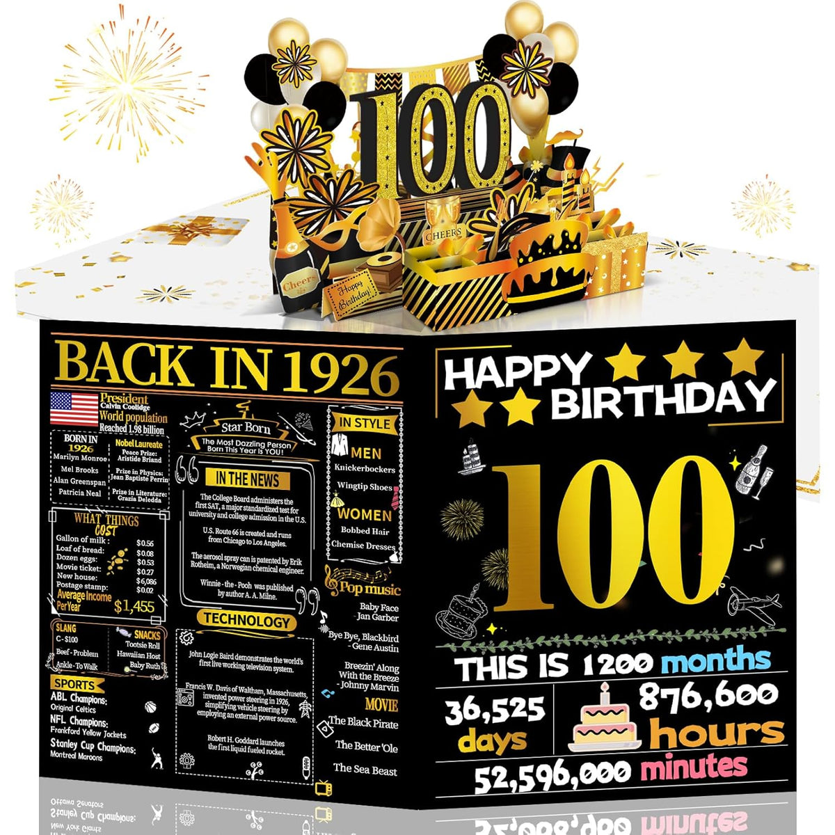 100th Birthday 3D Pop-Up Card, Gold Retro 1926 Theme