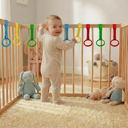 8Pcs Baby Playpen Pull up Rings, Premium Baby Pull up Rings for Play Pen Standing up, Plastic Safety Walking Exercises Assistant Rings for Infants Babies Toddler, 4 Colors.