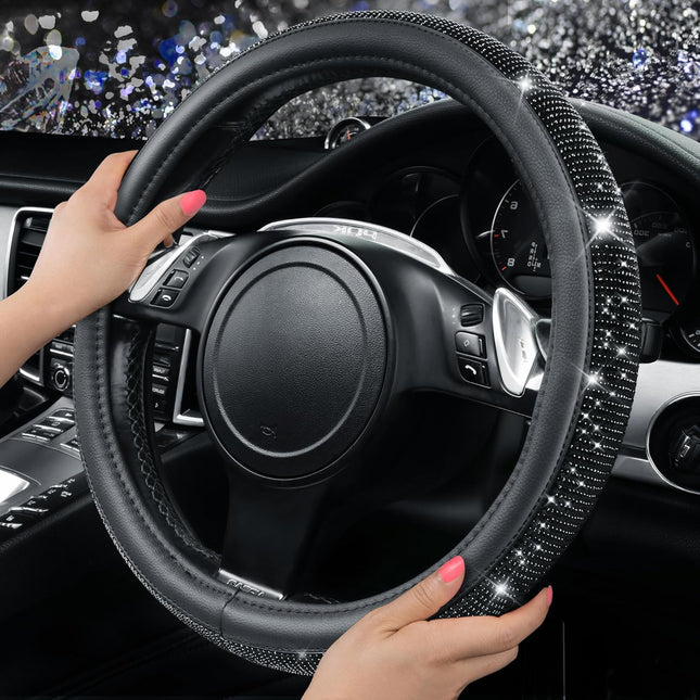 Black Diamond Rhinestone Leather Steering Wheel Cover