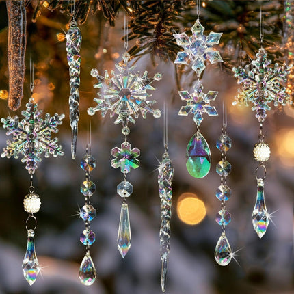Crystal Christmas Tree Ornaments, Clear Acrylic Snowflake & Icicle, 18pcs