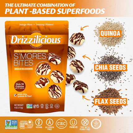Drizzilicious Mini Flavored Rice Cakes S'mores - Rice Crisps, Healthy Snack for Adults and Kids, Vegan, Gluten Free Snack, Allergen Free, Only 90 Calories Per 21 Pieces- 4 oz (Pack of 1)