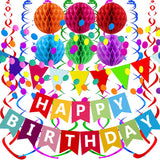 Happy Birthday Banner With Colorful Paper Flag Bunting Paper Circle Confetti Garland Swirl Streamers Honeycomb ball for Birthday Party Decorations