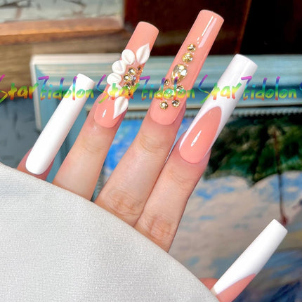 HAND-PAINTED White False Nails Set Coffin Press on Nails Pressons Kit Medium Length Stick on Nails Shoot Nail Art Short Nails with Nail Glue on Nails Square, Long Almond Nail (K1, Medium)