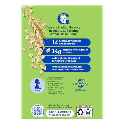 GERBER ORGANIC FOR BABY GRAIN AND GROW 1st Food Oatmeal Cereal 5x8oz