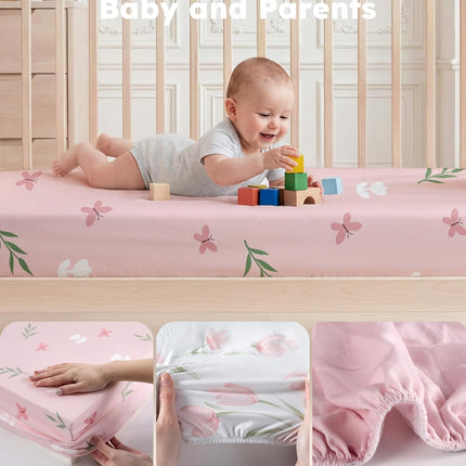 Baby Crib Sheets Girl, Fitted Crib Sheets 52" x 28", Soft Breathable Microfiber Sheets for Standard Crib and Toddler Mattress, 2-Pack Pink Tulips