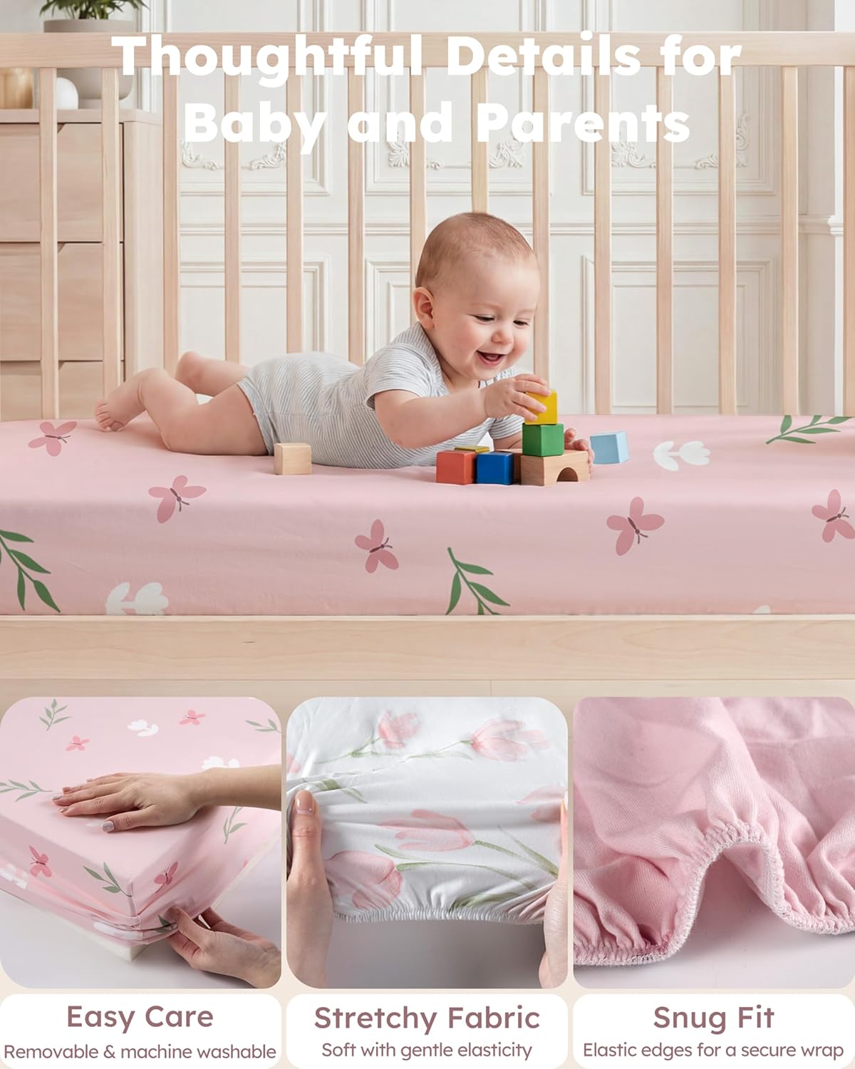 Pink Tulip Fitted Crib Sheets 2-Pack, 52" x 28" - photo 5