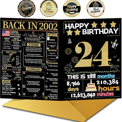 Joycard 24th Birthday Card with Envelope, 24th Birthday Decorations for Her Him, 24th Birthday Gifts for Daughter Son, Happy Birthday Cards for 24 Year Old Grandson Granddaughter, Back in 2002