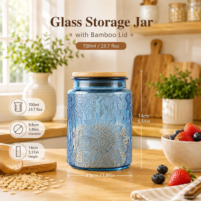Blue Vintage Glass Candy Jar with Airtight Bamboo Lid, 23.7oz Kitchen Storage Canister for Sugar, Coffee, Tea, Cookies, Bath Salt - Decorative Mason Jar for Pantry & Counter(Blue, 23.7 fl oz)