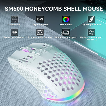 White Wireless Gaming Mouse,Tri-Modes BT5.1/Type-C Wired/2.4G Wireless Mouse with 2 Side Buttons, Programmable Macro Gamer Mouse with RGB Light for Laptop/PC/Mac