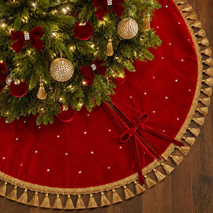 55 Inch Burgundy Christmas Tree Skirt Velvet, Round
