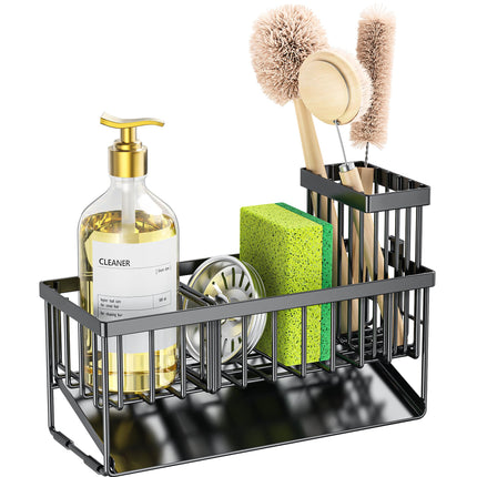 Sink Caddy Sponge Holder for Kitchen with Brush Holder and Stainless Steel Self Drain Tray, Rustproof Kitchen Sink Organizer for Sponge, Soap Dispenser Storage Accessories
