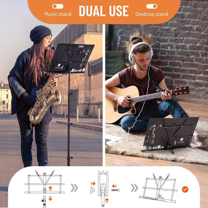 CAHAYA Portable Sheet Music Stand: Dual Use Desktop Book Holder Folding Lightweight Extra Stable Reinforced with Carrying Bag and Clip for Students Musicians Height Adjustable up to 67" CCMS0305