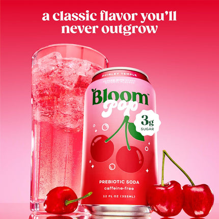 Bloom Pop Prebiotic Soda 12 Pack, Shirley Temple Flavor, 12oz Cans | Prebiotic Soda for Gut Health, Low Calorie Soda, No Caffeine, Healthy Soft Drink Alternative