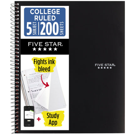 Amazon.com : Five Star Spiral Notebook + Study App, 5 Subject, College Ruled Paper, 8-1/2" x 11", 200 Sheets, Fights Ink Bleed, Water Resistant Cover, Black (72081) : Office Products