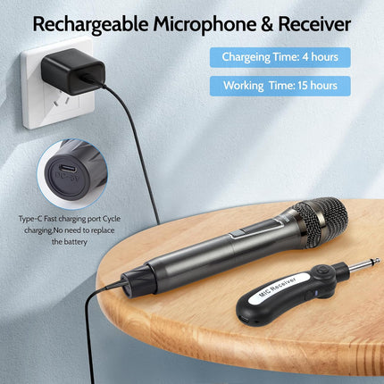 Easy Install Wireless Microphone, No Delay Handheld Microphone System with Rechargeable Receiver, Suitable for Singing, Teaching, Church, Weddings, and DJ Events (Black, 2 Microphone)