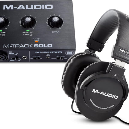 M-Audio M-Track Solo USB Audio Interface with XLR Input Plus M-Audio Over Ear Studio Headphones with Closed Back Design for Monitoring